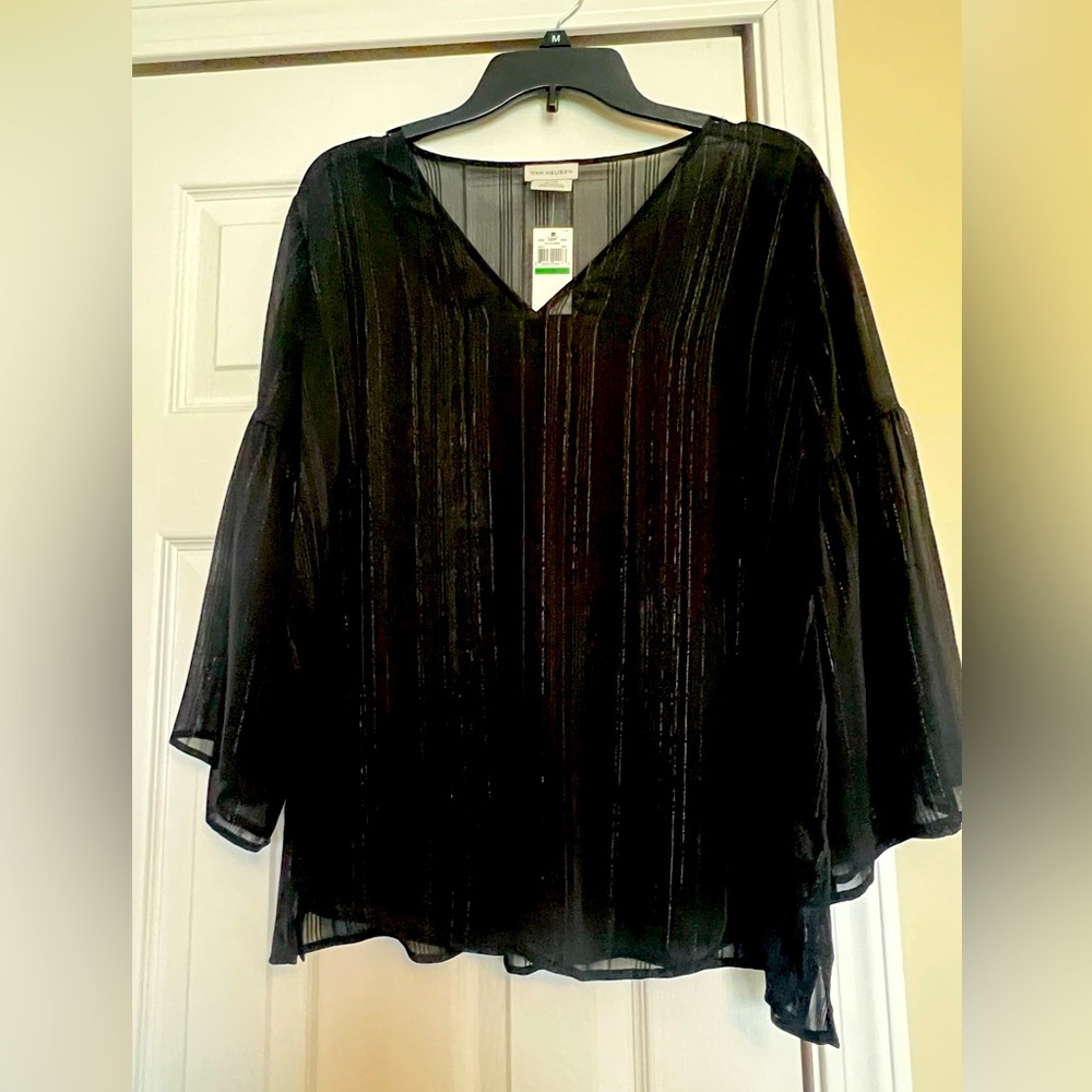 NWT Van Heusen black with shiny stripes sheer bell sleeve Top. Size L